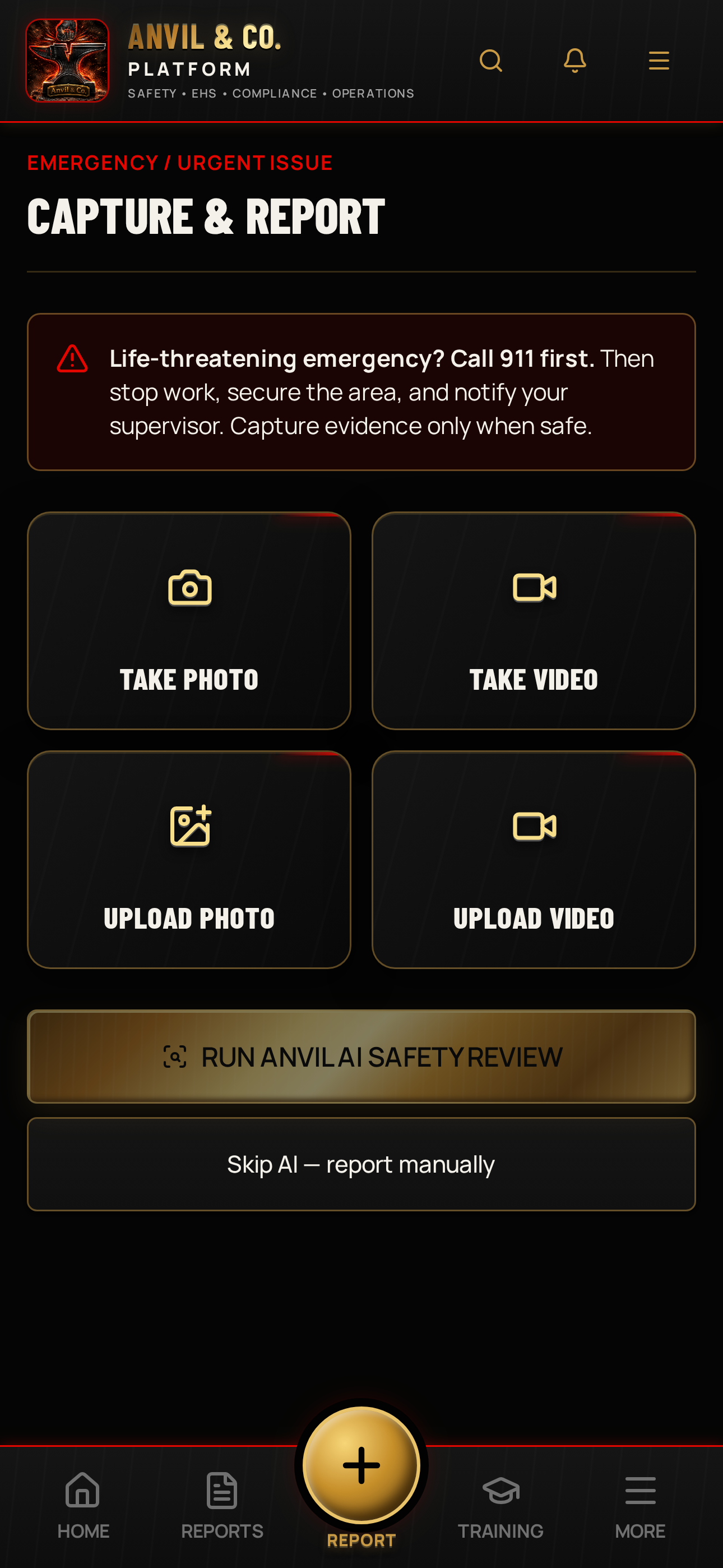 Emergency — urgent Capture & Report with 911 guidance and photo/video evidence buttons