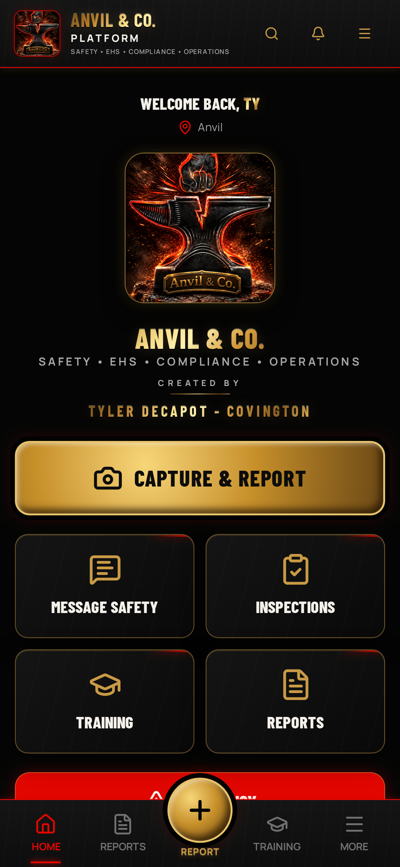 Home — command center with Capture & Report, Message Safety, Inspections, Training, Reports and Emergency