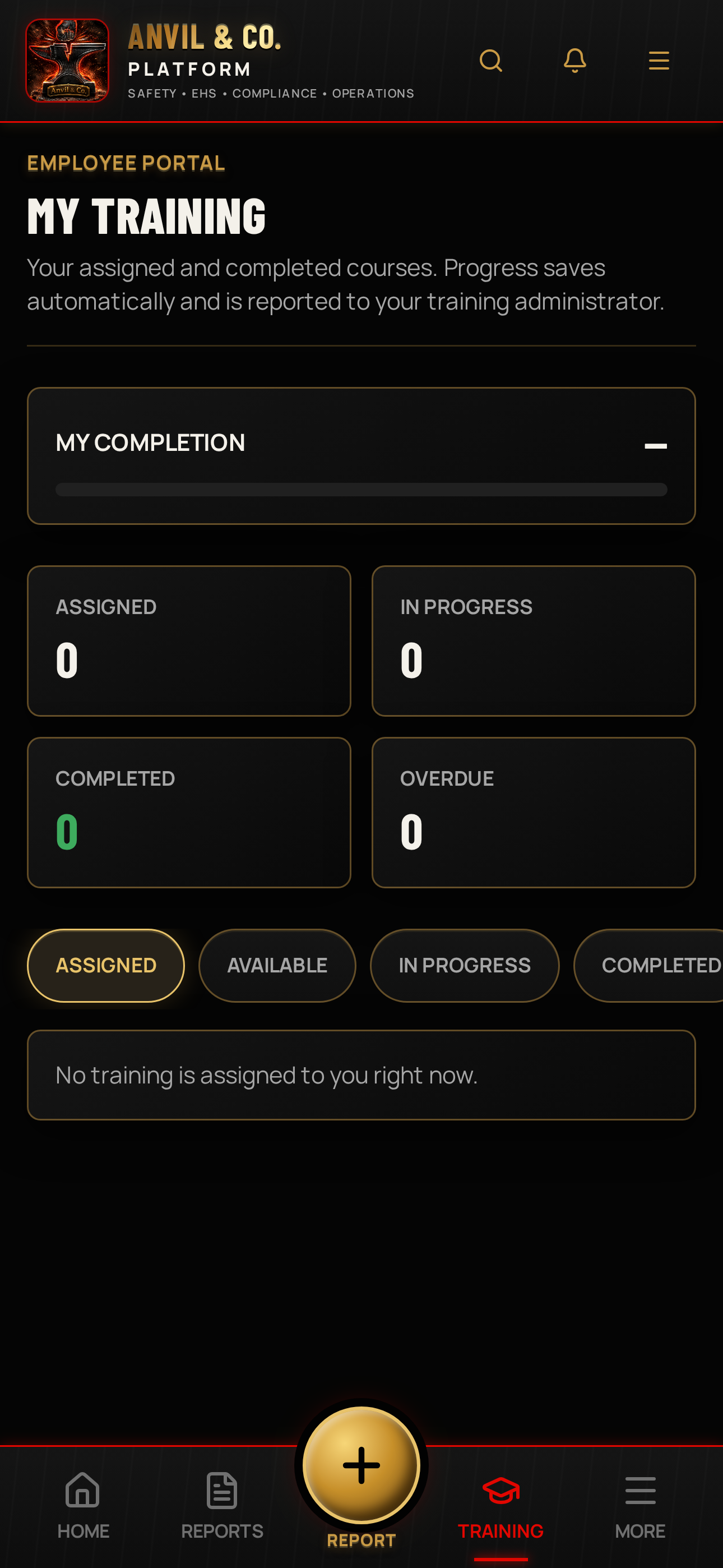 My Training — employee portal with completion progress and assigned courses